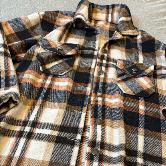 White, Orange, Brown & Black Plaid Button Up Shacket - Picture 3 of 3